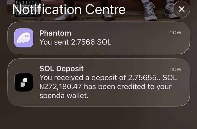 The image shows a screenshot of an iPhone screen displaying a notification center from the messaging app Signal. The notifications include one about a payment made using the token "SOL" and another about a new message sent by the user named "Phantom". The text on the notifications reads, "Notification Centre", which indicates that these are notifications related to the Signal app's features or services.