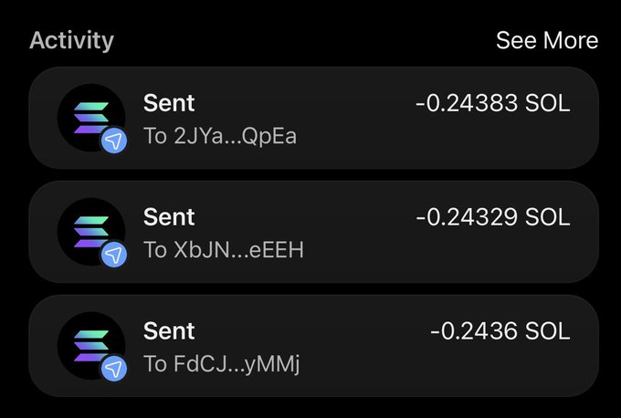 Activity feed showing three Solana (SOL) transactions, each sending approximately -0.243 SOL to different wallet addresses.