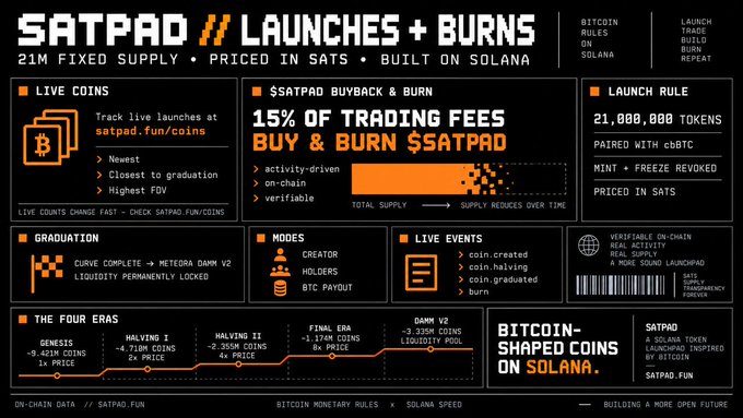 An infographic titled 'SATPAD // LAUNCHES + BURNS' detailing a Solana-based cryptocurrency project with sections on live coins, buyback mechanics, graduation, modes, and a 21M fixed supply priced in sats.