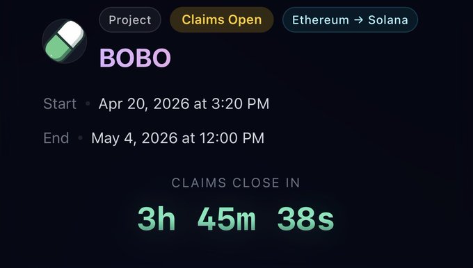 The image shows a "BOBO" project claim interface indicating claims are open from Ethereum to Solana, running from April 20, 2026 at 3:20 PM to May 4, 2026 at 12:00 PM, with 3h 45m 38s remaining until claims close. This relates to the "$bobo" token referenced in the post, showing an active claim window for users to bridge or claim their BOBO tokens between the Ethereum and Solana networks.