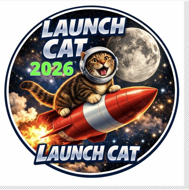 The image is a circular "Launch Cat" badge featuring a tabby cat in an astronaut helmet riding a flaming red rocket through a starry space scene with the moon in the background, prominently displaying "LAUNCH CAT 2026" text that matches the $LCT2026 Solana token ticker promoted in the post. The retro-style patch design visually reinforces the meme's "launch" and moonshot narrative tied to the early-stage crypto opportunity being marketed.