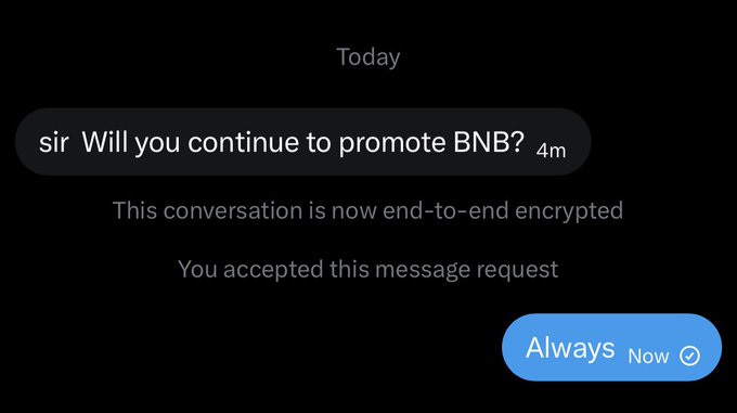 A screenshot of an encrypted messaging app showing a message 'sir Will you continue to promote BNB?' with a blue 'Always' reply button.