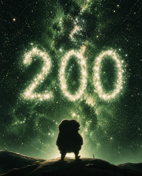 A digital illustration depicts a silhouetted figure standing on a rocky surface, gazing up at the number '200' spelled out in glowing green cosmic stardust against a starry night sky.