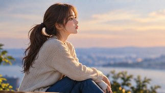 A young woman with a ponytail wearing a beige sweater sits in profile, gazing thoughtfully into the distance at sunset.