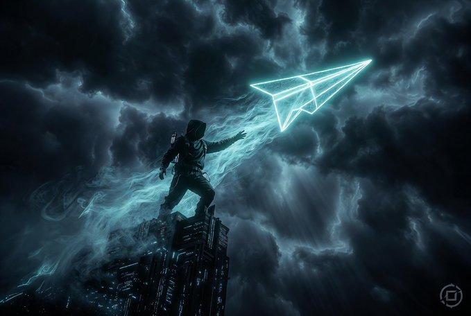 An astronaut stands atop a tower reaching toward a glowing paper airplane amid dark, swirling clouds—symbolizing ambitious dreams and limitless potential, mirroring the post's message that "My reply guys will never be poor" through imagery of striving upward and achieving impossible heights.