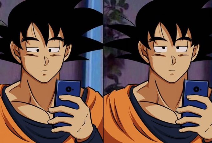 A side-by-side image of Goku from Dragon Ball Z looking bored or unimpressed while holding a blue smartphone in his hand.