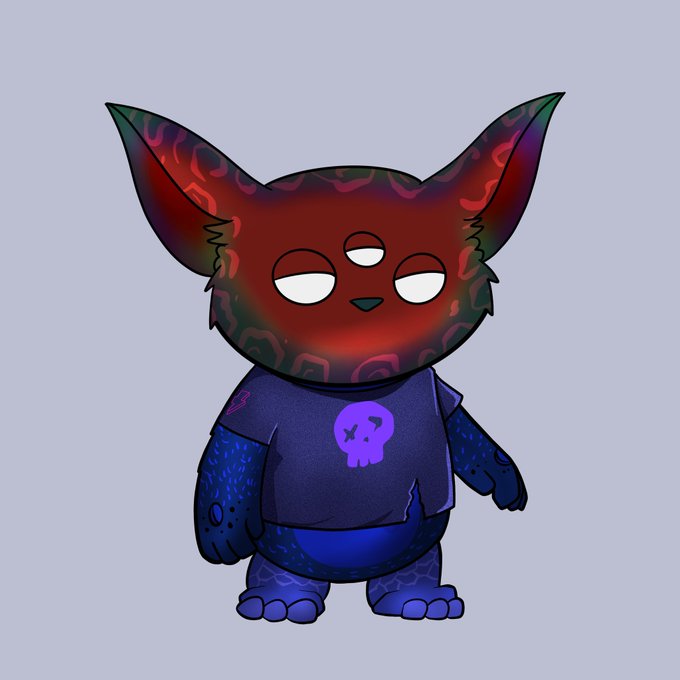 A stylized dark red and black cat-like character with large pointed ears, half-closed eyes, a blue shirt with a purple skull emblem, and dark patterned clothing.