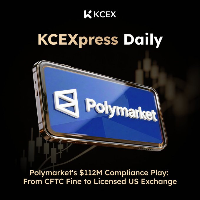 The image shows a cell phone with a logo for Polymarket, which is a company that specializes in trading CFTC (Currency Trading Contracts) derivatives. The text below the image reads "KCEXpress Daily Polymarket's $1.4M compliance play: From CFTC fine to licensed US exchange". This suggests that Polymarket has used its compliance with CFTC regulations as an opportunity to expand into a new market, leveraging its existing infrastructure and expertise in trading CFTC derivatives.