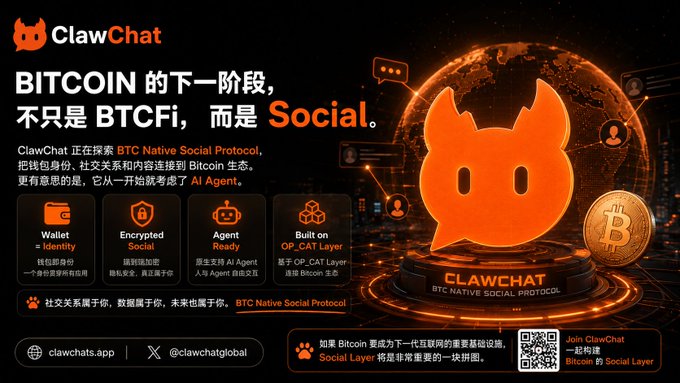 A promotional banner for ClawChat featuring the tagline 'BITCOIN of the next stage, not just BTCFi, but Social,' highlighting its BTC Native Social Protocol with features like Wallet Identity and Encrypted Social.