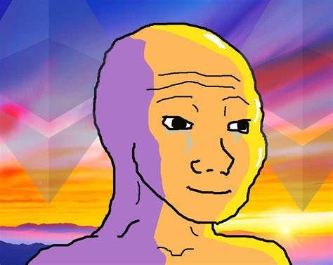 A cartoon-style drawing of a bald character with a single tear on their face against a colorful geometric sunset background.