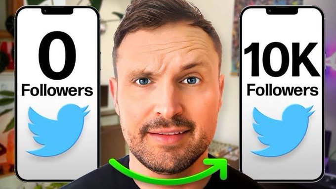 A thumbnail featuring a man with a beard between two phone screens showing Twitter follower counts going from '0 Followers' to '10K Followers', connected by a green upward arrow, suggesting a social media growth journey.