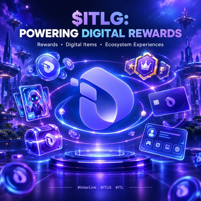 A digital promotional graphic with neon purple and blue aesthetics featuring the text '$ITLG: POWERING DIGITAL REWARDS' and 'Rewards • Digital Items • Ecosystem Experiences' alongside hashtags '#InterLink #ITLG #ITL'.