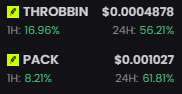 A crypto price tracker shows two tokens, THROBBIN up 16.96% (1H) and 56.21% (24H) at $0.0004878, and PACK up 8.21% (1H) and 61.81% (24H) at $0.001027.