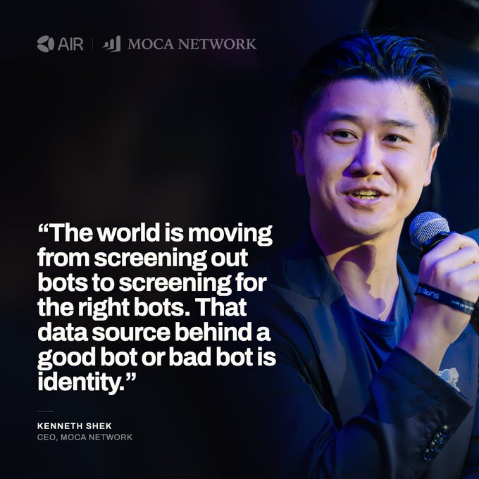 A promotional graphic features Kenneth Shek, CEO of Moca Network, speaking into a microphone, alongside his quote: "The world is moving from screening out bots to screening for the right bots. That data source behind a good bot or bad bot is identity." The image relates to the post's discussion of agentic commerce and the challenge of verifying AI agents' identities, highlighting Moca Network's focus on providing digital identity solutions for autonomous agents.