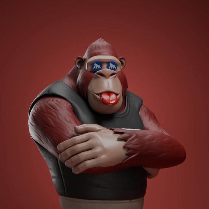 A 3D-rendered cartoon gorilla wearing a black tank top and red reflective sunglasses with gorilla logos stands with crossed arms against a red background.