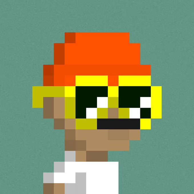 A pixel art portrait of a character with yellow skin, a red cap, green-tinted sunglasses, and a white shirt against a green background.