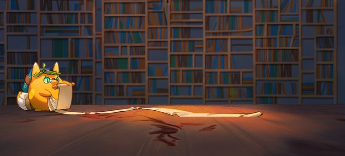 The image features an orange cartoon cat sitting on a wooden floor, surrounded by numerous books arranged in rows against a dark background. The scene appears to be from a cartoon or comic book setting, with the cat possibly looking at something off-camera. The text "The Complete Axie Infinity Link Directory Looking for the right link? We put together one directory of every official and community-built Axie resource so you never have to dig for it again" is present in the image, suggesting that this could be a reference to an online directory or platform related to Axie resources.
