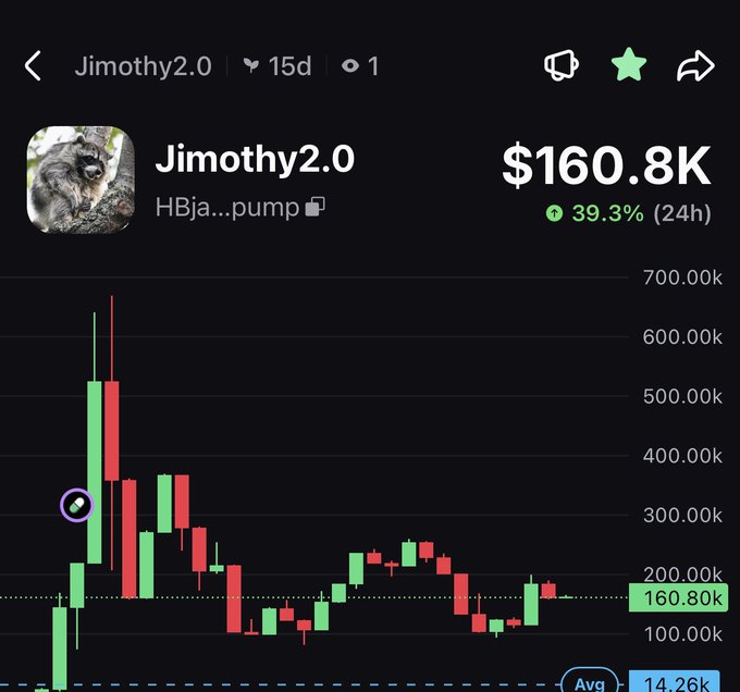A cryptocurrency tracking interface shows the token 'Jimothy2.0' (HBja...pump) valued at $160.8K, with a 39.3% increase over 24 hours and a candlestick price chart.