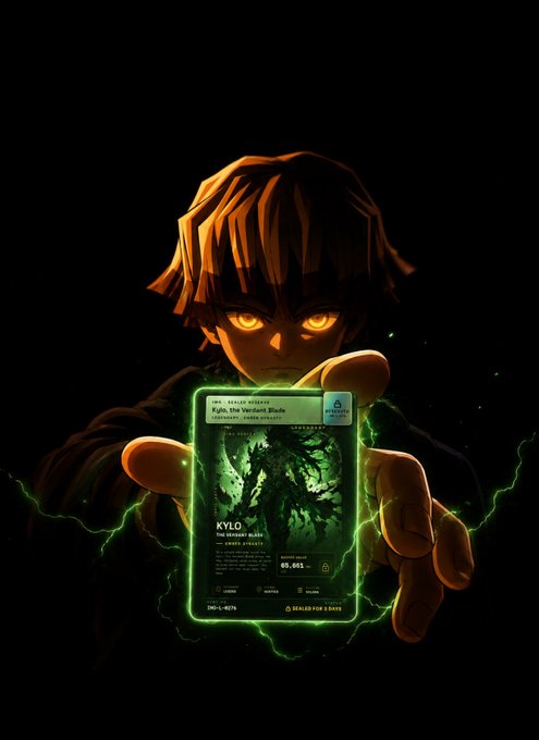 An anime-style digital illustration of a young character with glowing orange eyes holding a glowing green trading card labeled 'KYLO The Verdant Blade' with a value of 65,661.