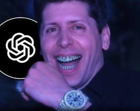 A photo of a smiling man with diamond-encrusted teeth wearing a luxury watch, with the ChatGPT logo superimposed on the left side.
