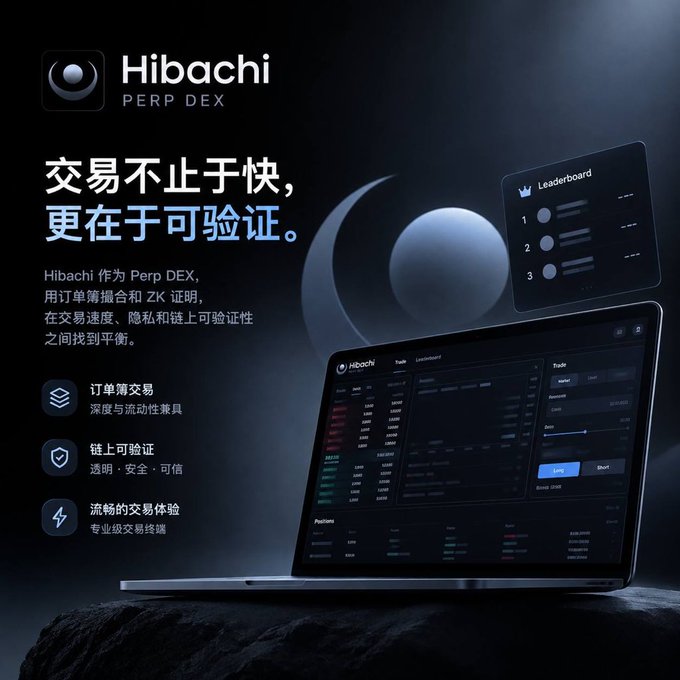 An advertisement for 'Hibachi Perp DEX' featuring Chinese text including '交易不止于快, 更在于可验证。' alongside a laptop displaying a trading interface and a leaderboard.