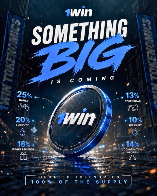 A promotional graphic for 1win announces 'SOMETHING BIG IS COMING' with updated tokenomics details showing 25% Games, 20% Liquidity, 18% Wager Rewards, 13% Token Sale, 10% Treasury, and 14% Community & Growth.
