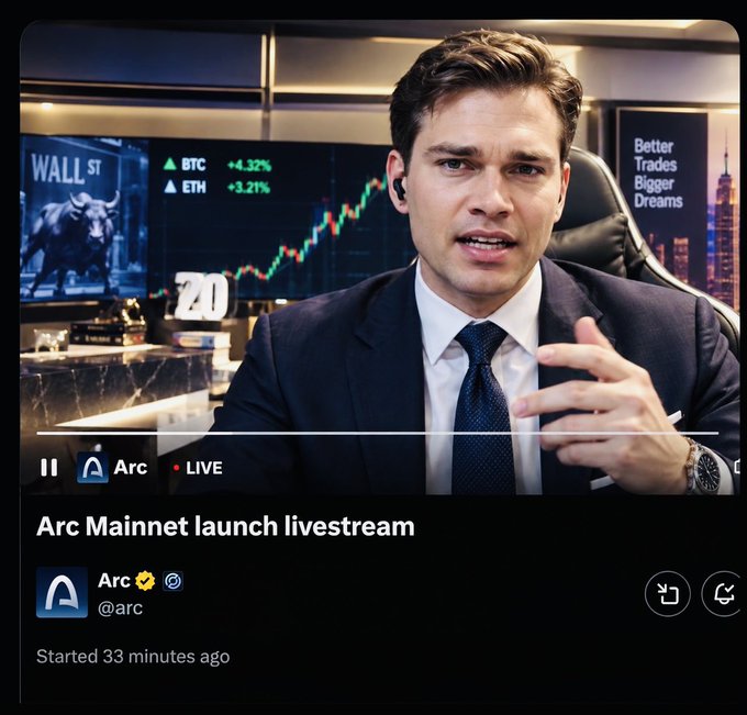 A screenshot of an X/Twitter livestream titled 'Arc Mainnet launch livestream' by @arc showing a man in a suit speaking, with a chart behind him showing BTC up 4.32% and ETH up 3.21%.