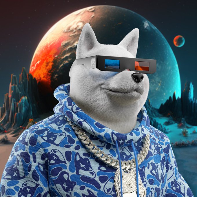 A Shiba Inu character wears 3D glasses and a blue camo hoodie with a chain, set against a planetary backdrop with lava and icy terrain, fitting the "Mega Grail Shiba" NFT theme. The scene captures the "grail" status and futuristic "Sanc City" aesthetic referenced in the post, highlighting the rarity and meme culture surrounding the digital collectible.