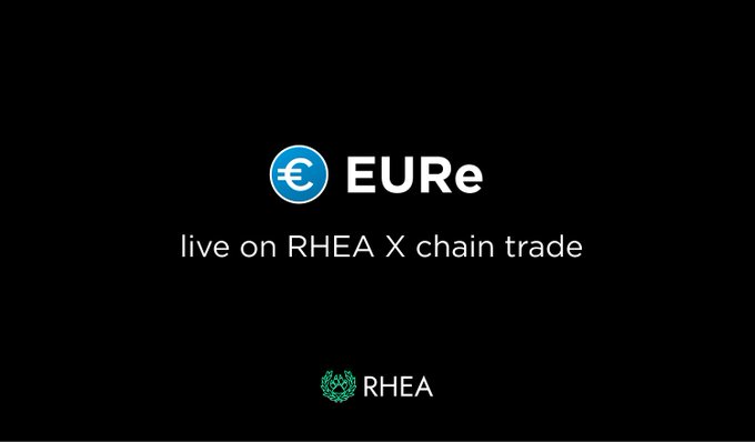 The image displays a black background featuring a blue euro symbol (€) in a circle alongside the text "EURe," with the caption "live on RHEA X chain trade" beneath it and the RHEA logo at the bottom.

This graphic aligns with the post by announcing that EURe (a euro-pegged stablecoin, likely from Monerium) is now available for trading on the RHEA platform via the X Chain, supporting onchain FX and cross-chain liquidity within the NEAR ecosystem.