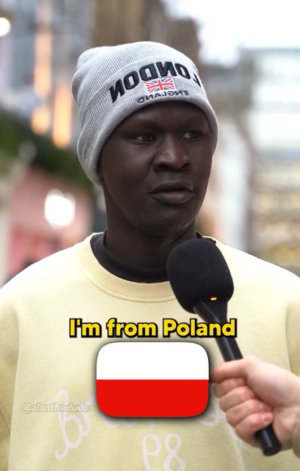 A street interview screenshot showing a man wearing a beanie, captioned 'I'm from Poland' alongside a Polish flag emoji, by creator @alanthedude.