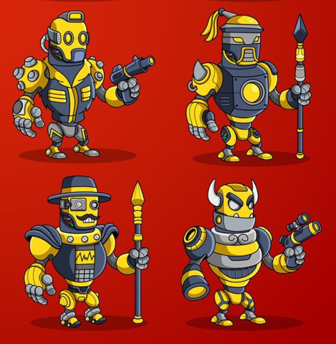 Four cartoon robot warriors in yellow and gray armor on a red background, each holding different weapons including a pistol, spear, and cannon.