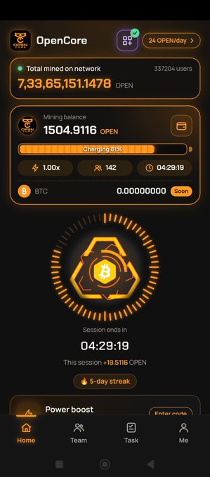 A mobile screenshot of the OpenCare crypto mining app showing a balance of 1504.9116 OPEN with 81% charging progress, a session ending in 04:29:19, and 24 OPEN daily earnings.