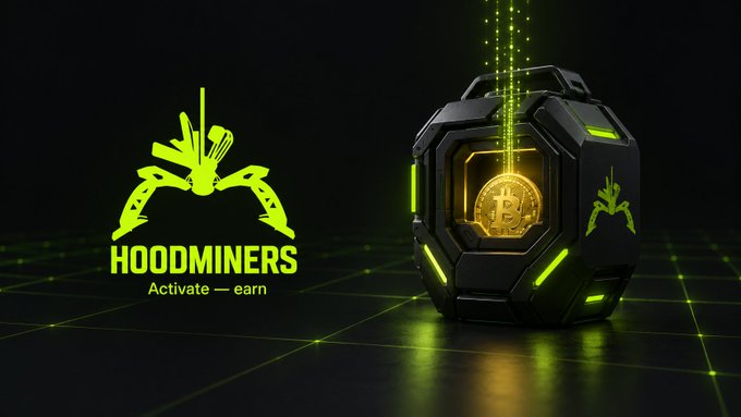Promotional graphic for 'HOODMINERS' with the tagline 'Activate — earn', featuring a futuristic black container emitting a Bitcoin symbol in green.