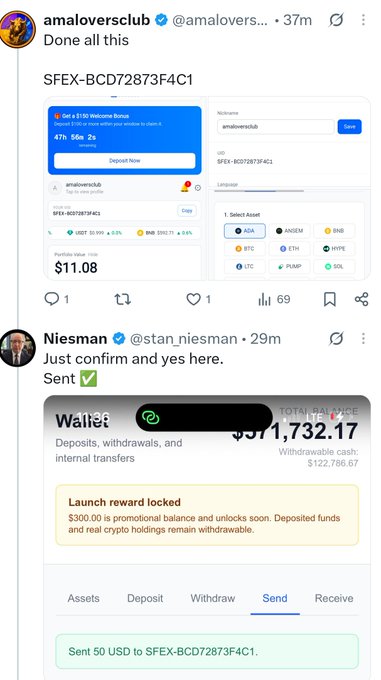 The image shows two tweets: amaloversclub claiming to have completed a "$FEX Welcome Bonus" deposit with 47h 56m 2s remaining, and Niesman (@stan_niesman) responding with "Just confirm and yes here. Sent" alongside a screenshot of a wallet showing a total balance of $1,732.17 and confirming "Sent 50 USD to SFEX-BCD72873F4C1." This aligns with the post's description of a suspected scam where a "giveaway" host (@stan_niesman) is promoting the SFEX exchange and instructing participants to send funds to the wallet address SFEX-BCD72873F4C1.