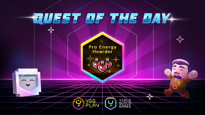 The image features a poster for a video game called "Quest of the Day" that is powered by the Ygg Play app. The poster displays three cartoon characters, including a robot and two people, with text promoting the game's objective. The main focus of the poster is on the Pro Energy Hoarder objective within the game.