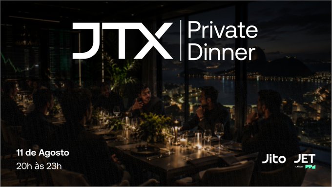 An event advertisement for 'JTX | Private Dinner' scheduled for '11 de Agosto 20h às 23h', sponsored by Jito and JET, set against a nighttime dining scene overlooking a city and water.
