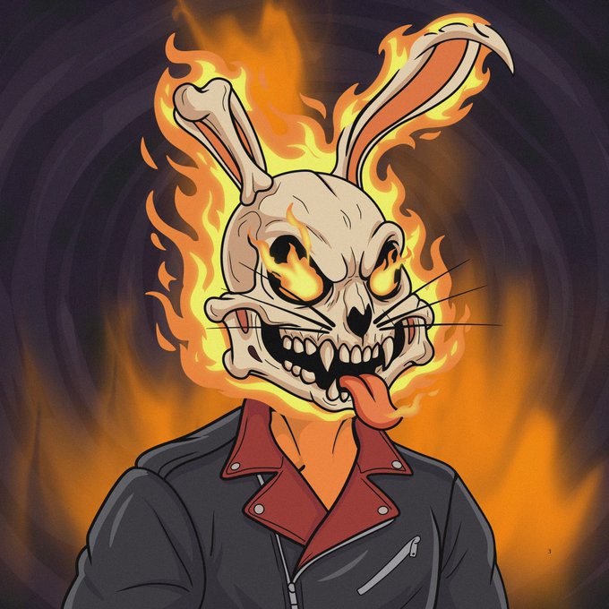 An illustrated/AI-generated image depicts a skull with bunny ears engulfed in flames, wearing a black leather jacket over a red shirt.