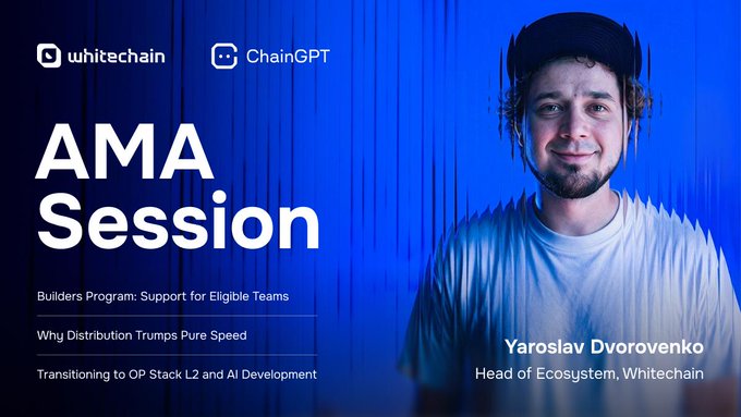 A promotional graphic for an "AMA Session" hosted by Whitechain and ChainGPT, featuring a photo of Yaroslav Dvorovenko, Head of Ecosystem, Whitechain, with listed topics including Builders Program support and AI development.