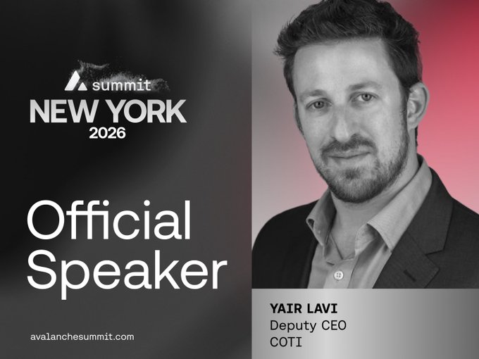 A promotional speaker announcement for "Summit New York 2026" featuring Yair Lavi, Deputy CEO of COTI, with the avalanchesummit.com URL.