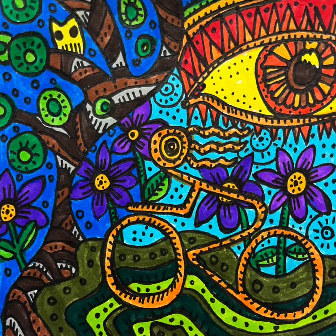 A vibrant, colorful artwork featuring stylized eyes, flowers, and abstract patterns in blue, green, purple, orange, and yellow.