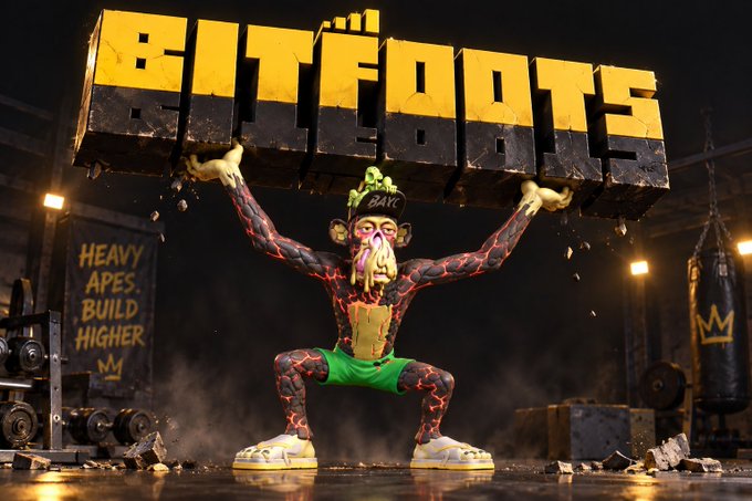 A 3D-rendered character wearing a BAPE cap and green shorts lifts a massive stone block labeled 'BITFOOTS' in a gym setting with the text 'HEAVY APES BUILD HIGHER' on the wall.
