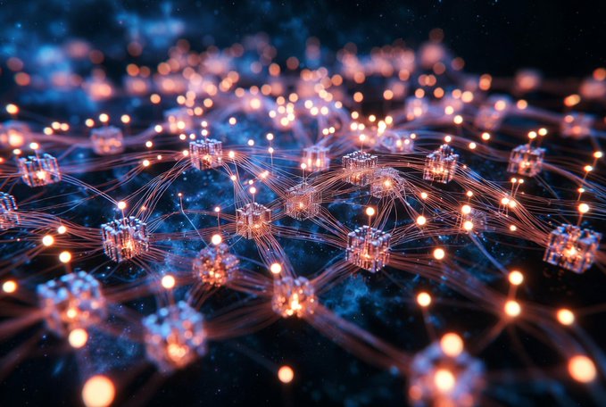 A 3D rendered digital visualization of a network of glowing orange nodes connected by light beams against a dark blue cosmic background.