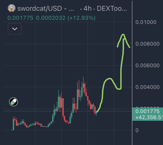 A cryptocurrency chart for 'swordcat/USD' on DEXTools shows a price increase from 0.001775 to 0.0002032 (+12.93%) over 4 hours, with an overall gain of +42,356.5%.