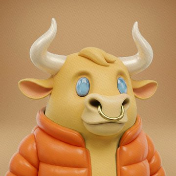 A 3D-rendered cartoon bull character with white horns, a gold nose ring, blue eyes, and an orange puffer jacket against a beige background.