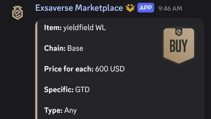 A Telegram message from 'Exsaverse Marketplace' listing an item called 'yieldfield WL' on the Base chain for 600 USD, with a 'BUY' button.