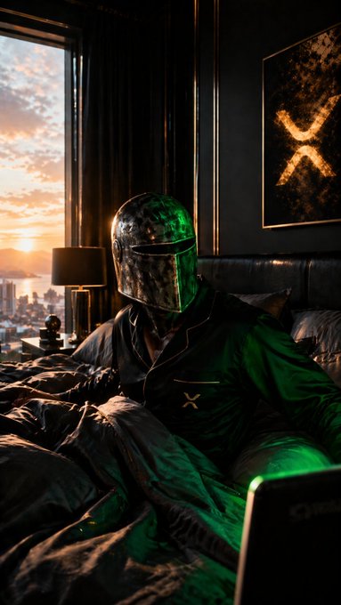 A figure in a reflective helmet sits up in bed wearing an "X" branded robe, bathed in green glow from a laptop while overlooking a city sunrise—capturing the post's vision of crypto holders waking up to everything green, with the "X" symbol tying to XRP and XLM tickers referenced in the message.