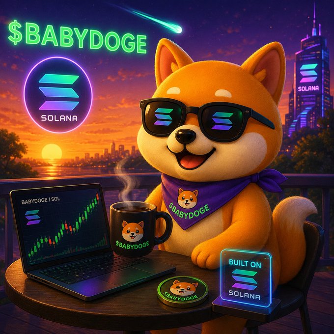 A vibrant digital illustration of a Shiba Inu dog wearing sunglasses and a purple bandana with '$BABYDOGE' text, alongside Solana branding and BABYDOGE/SOL trading chart on a laptop.