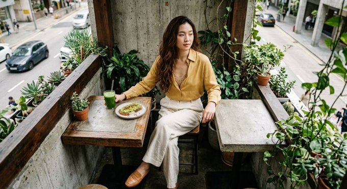 A young woman with long brown hair sits at a small wooden table on a plant-filled balcony, with a green drink and a plate of food in front of her, overlooking a busy city street.