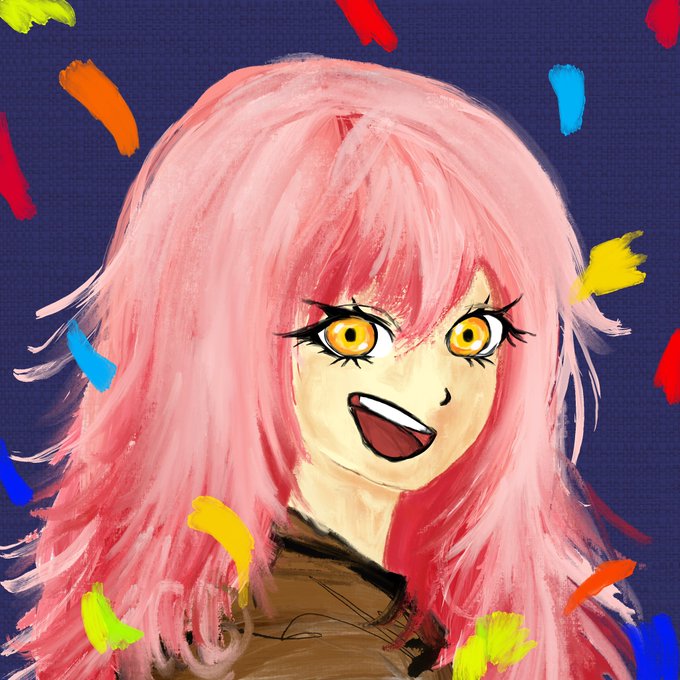 A digital portrait of a smiling anime-style girl with pink hair and striking yellow eyes, with colorful paint streaks scattered across the dark background.