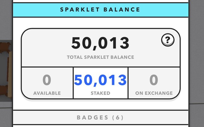 A digital dashboard displaying 'SPARKLET BALANCE' with a total of 50,013 sparklets, showing 0 available and 50,013 staked, along with a 'BADGES (6)' section.